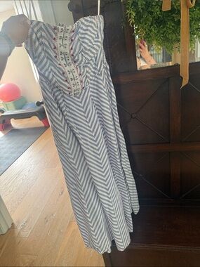 Blue & White Chevron Strapless Sundress with Embroidered Bodice